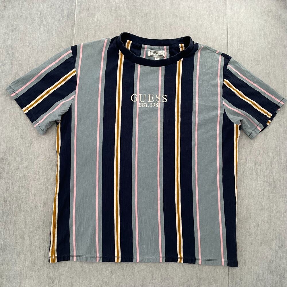 VINTAGE Guess Shirt Adult Large Blue Striped Crew Neck Hip Hop Streetwear Y2K